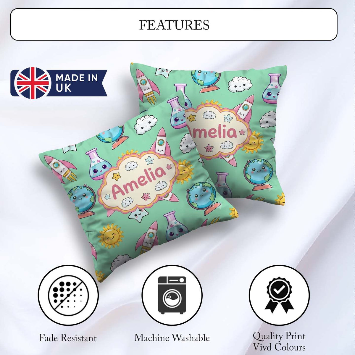 Custom Name Kawaii Space Rocket Globe Sun Star Learning Seamless Square Filled Cushion Throw Pillow Sofa Bed Home Decor Zip Washable UK Made
