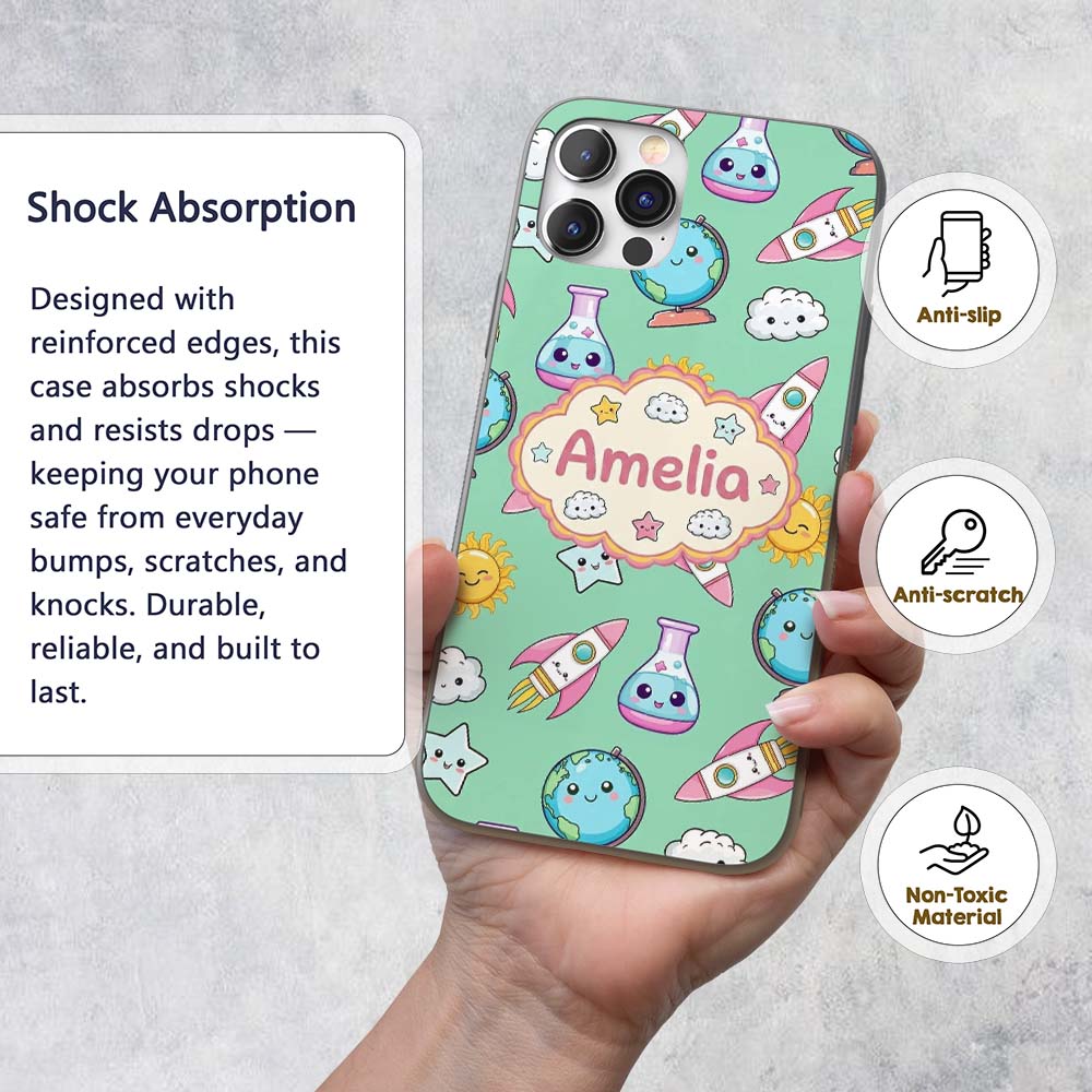 Cute Kawaii Space Rocket Globe Sun Star Learning Custom Name Protective Phone Case Mobile Cover Durable Everyday Smartphone Shock Resistant