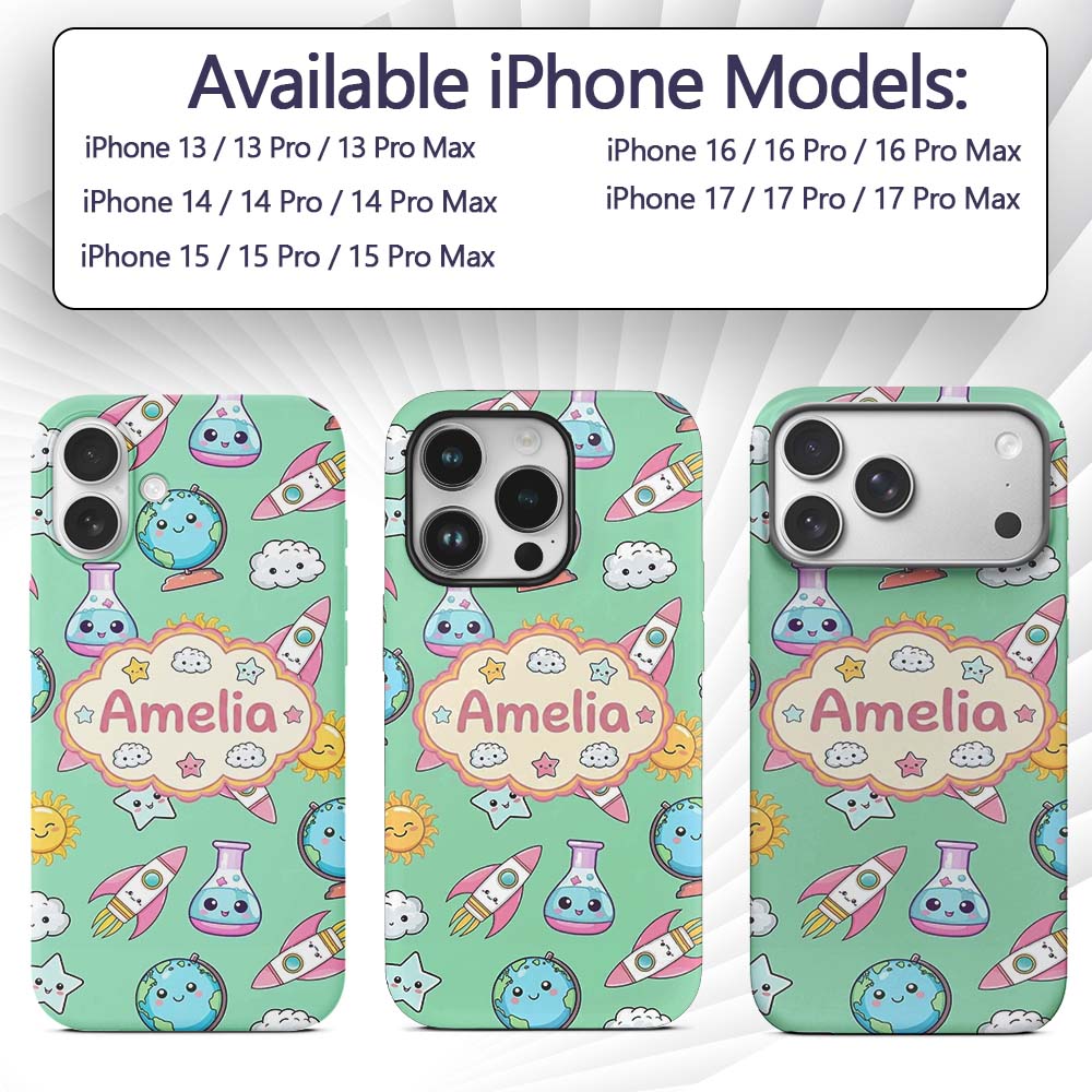 Cute Kawaii Space Rocket Globe Sun Star Learning Custom Name Protective Phone Case Mobile Cover Durable Everyday Smartphone Shock Resistant