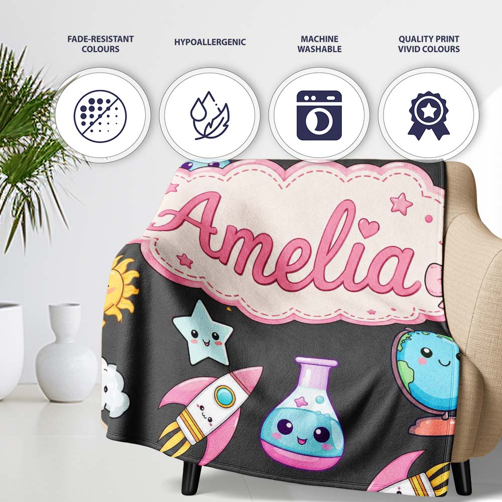 Cute Kawaii Space Rocket Globe Sun Star Dark Seamless Pattern Name Personalised Custom Name Super Soft Fleece Blanket Bed Sofa Throw