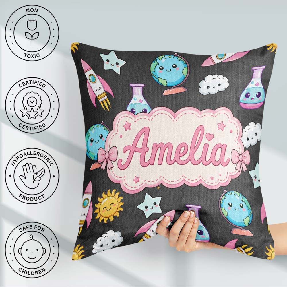 Custom Name Kawaii Space Rocket Globe Sun Star Dark Pattern Name Square Filled Cushion Throw Pillow Sofa Bed Home Decor Zip Washable UK Made