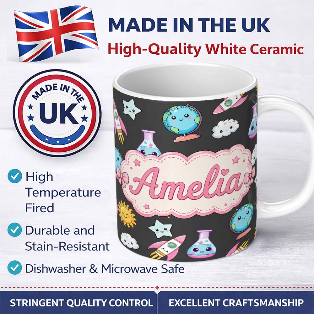 Personalized Custom Name Cute Kawaii Space Rocket Globe Sun Star Dark Seamless Pattern Name 11oz Ceramic Coffee Tea Mug White Large Handle