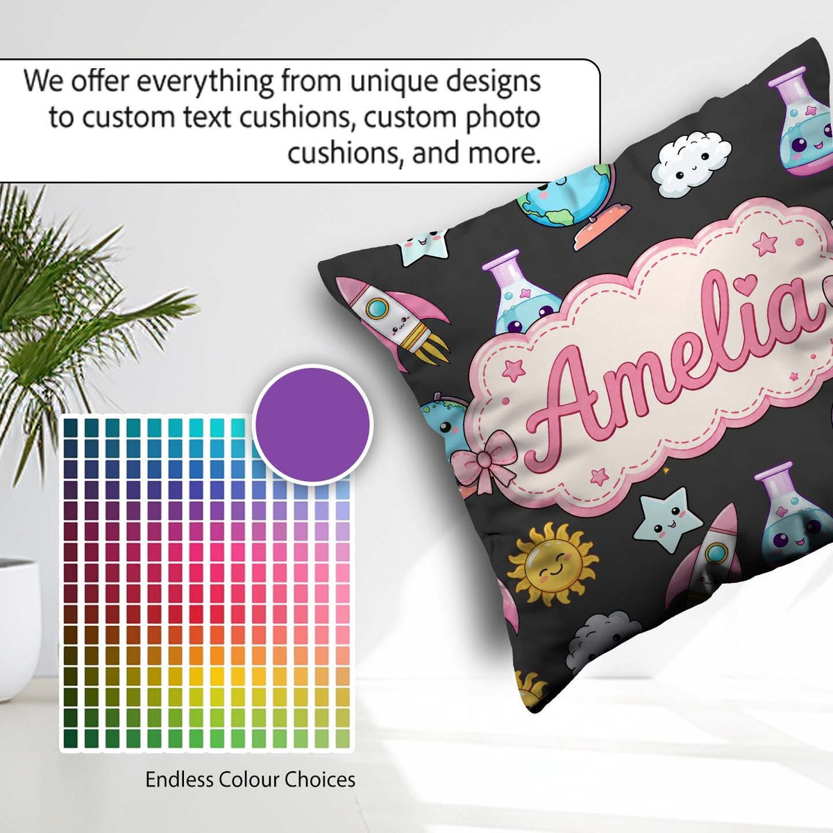 Custom Name Kawaii Space Rocket Globe Sun Star Dark Pattern Name Square Filled Cushion Throw Pillow Sofa Bed Home Decor Zip Washable UK Made