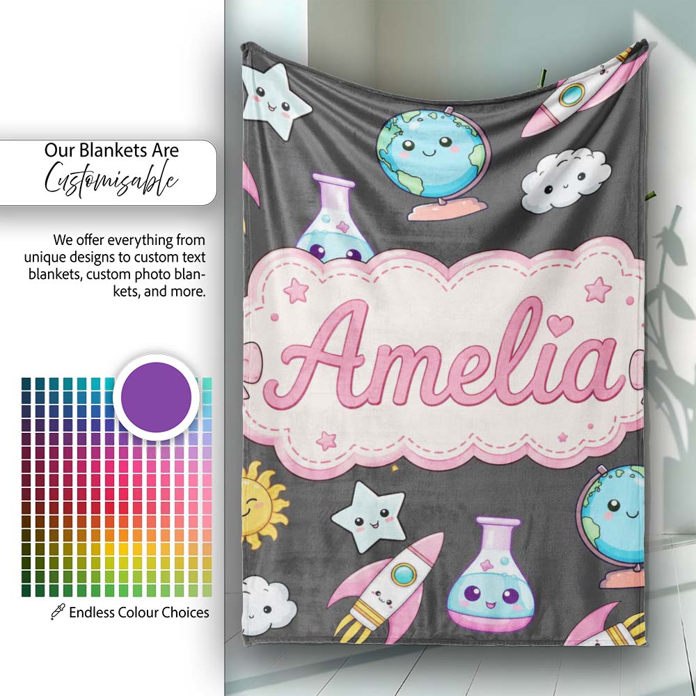 Cute Kawaii Space Rocket Globe Sun Star Dark Seamless Pattern Name Personalised Custom Name Super Soft Fleece Blanket Bed Sofa Throw