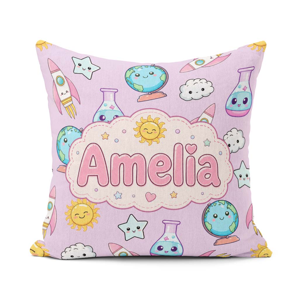Custom Name Cute Kawaii Space Rocket Globe Sun Star Pattern Name Square Filled Cushion Throw Pillow Sofa Bed Home Decor Zip Washable UK Made