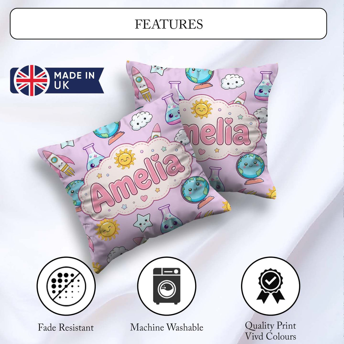 Custom Name Cute Kawaii Space Rocket Globe Sun Star Pattern Name Square Filled Cushion Throw Pillow Sofa Bed Home Decor Zip Washable UK Made