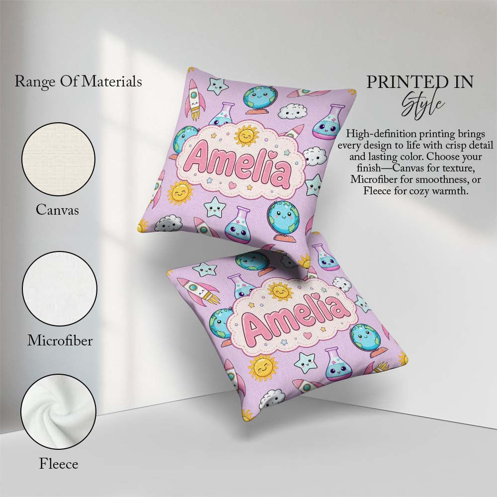 Custom Name Cute Kawaii Space Rocket Globe Sun Star Pattern Name Square Filled Cushion Throw Pillow Sofa Bed Home Decor Zip Washable UK Made