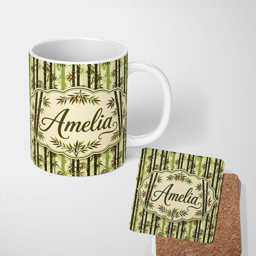 Personalized Custom Name Dark Bamboo Stalks with Layered Leaves Natural Green Seamless Lovely 11oz Ceramic Coffee Tea Mug White Large Handle