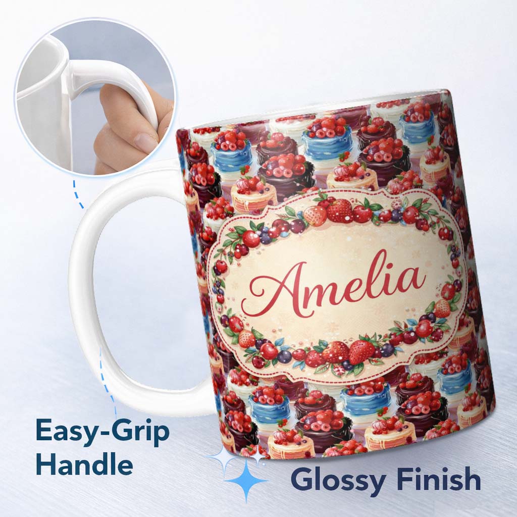 Personalized Custom Name Strawberry Cream Cake Seamless Pattern Realistic Dessert Sweet Food 11oz Ceramic Coffee Tea Mug White Large Handle