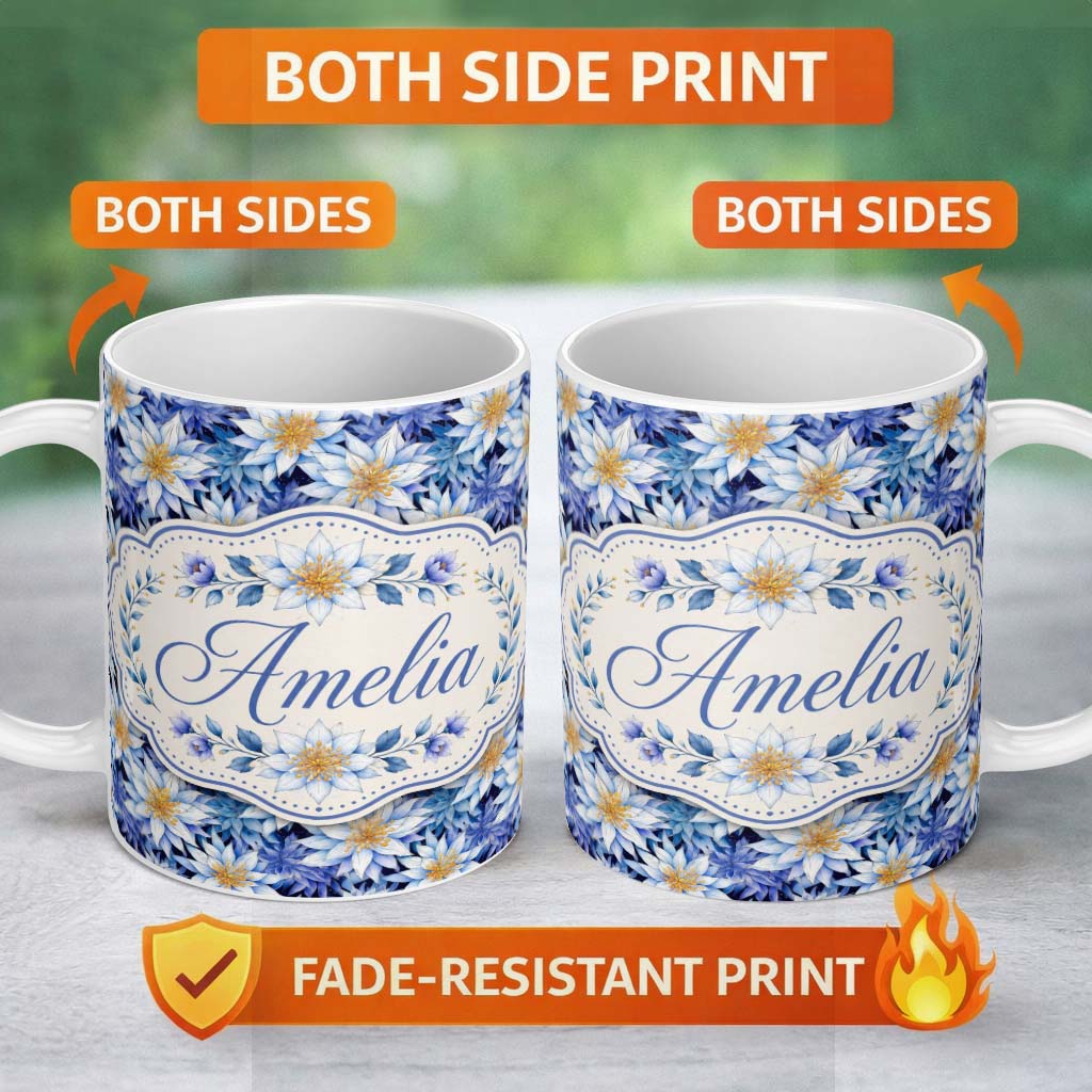 Personalized Custom Name Bold Blue White Botanical Floral Seamless Pattern Cute Unique Gift 11oz Ceramic Coffee Tea Mug White Large Handle