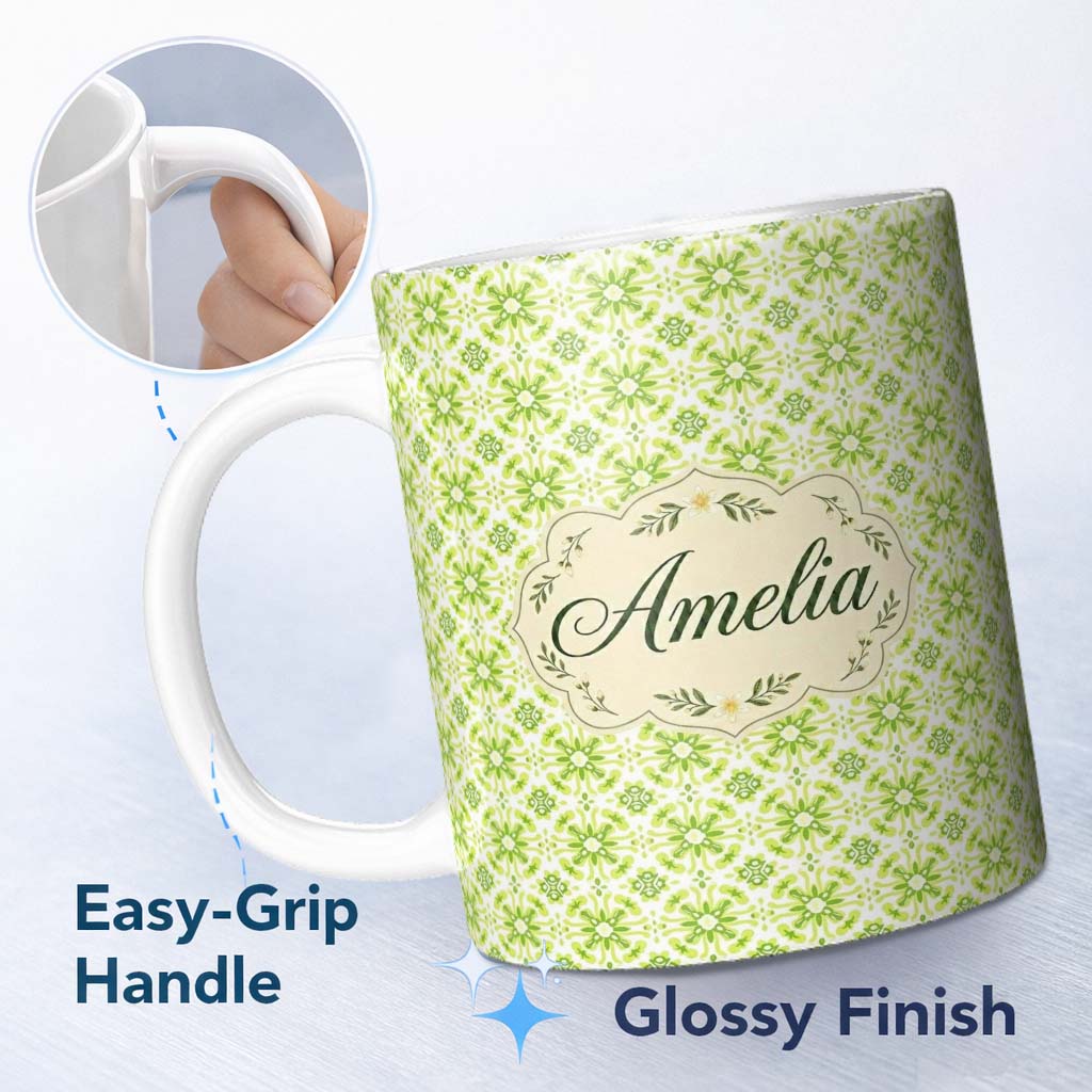 Personalized Custom Name Small Scale Green Floral Geometric Tile Seamless Pattern Lovely 11oz Ceramic Coffee Tea Mug White Large Handle