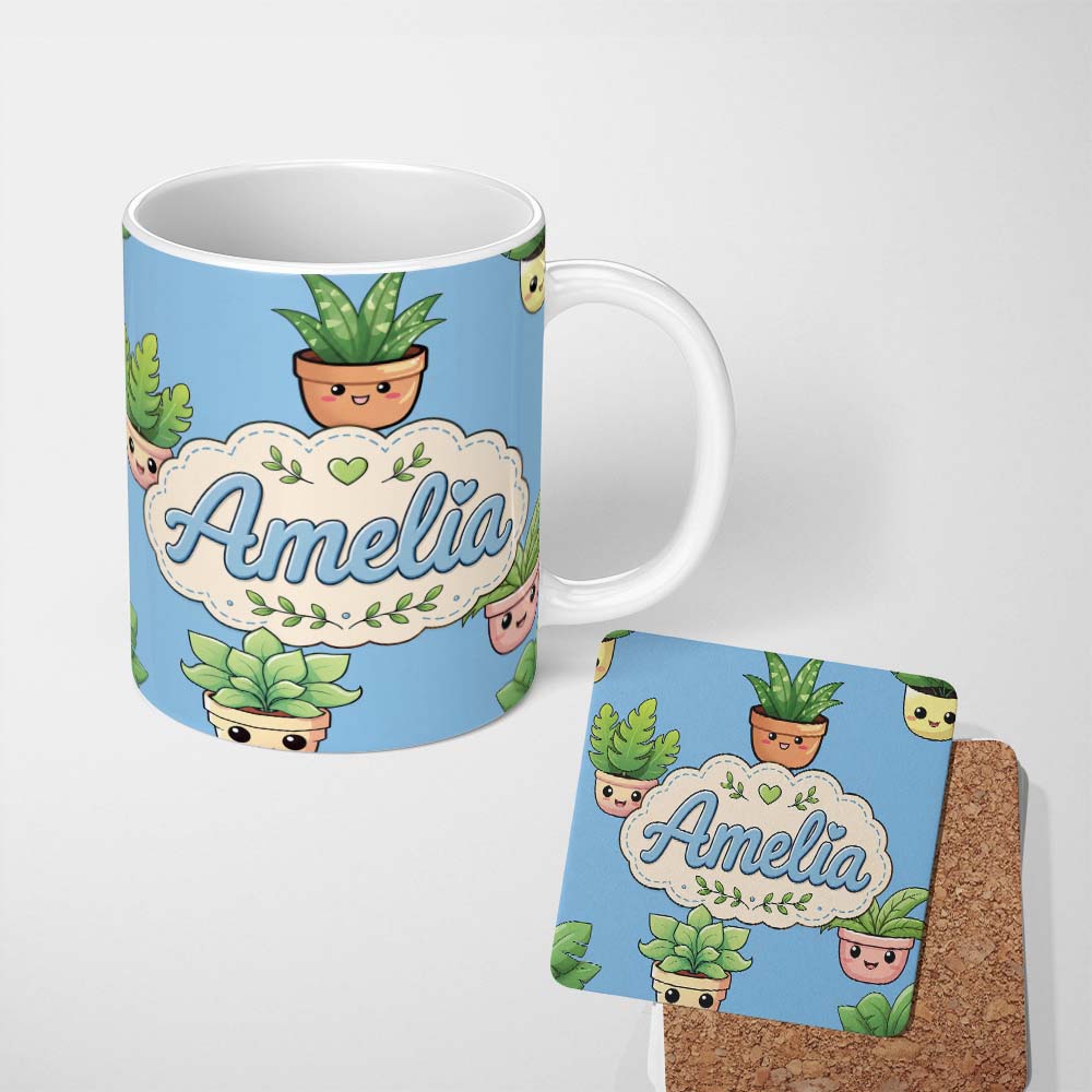 Personalized Custom Name Cute Kawaii Cute Plant Pots Leaves Seamless Pattern Blue Background 11oz Ceramic Coffee Tea Mug White Large Handle
