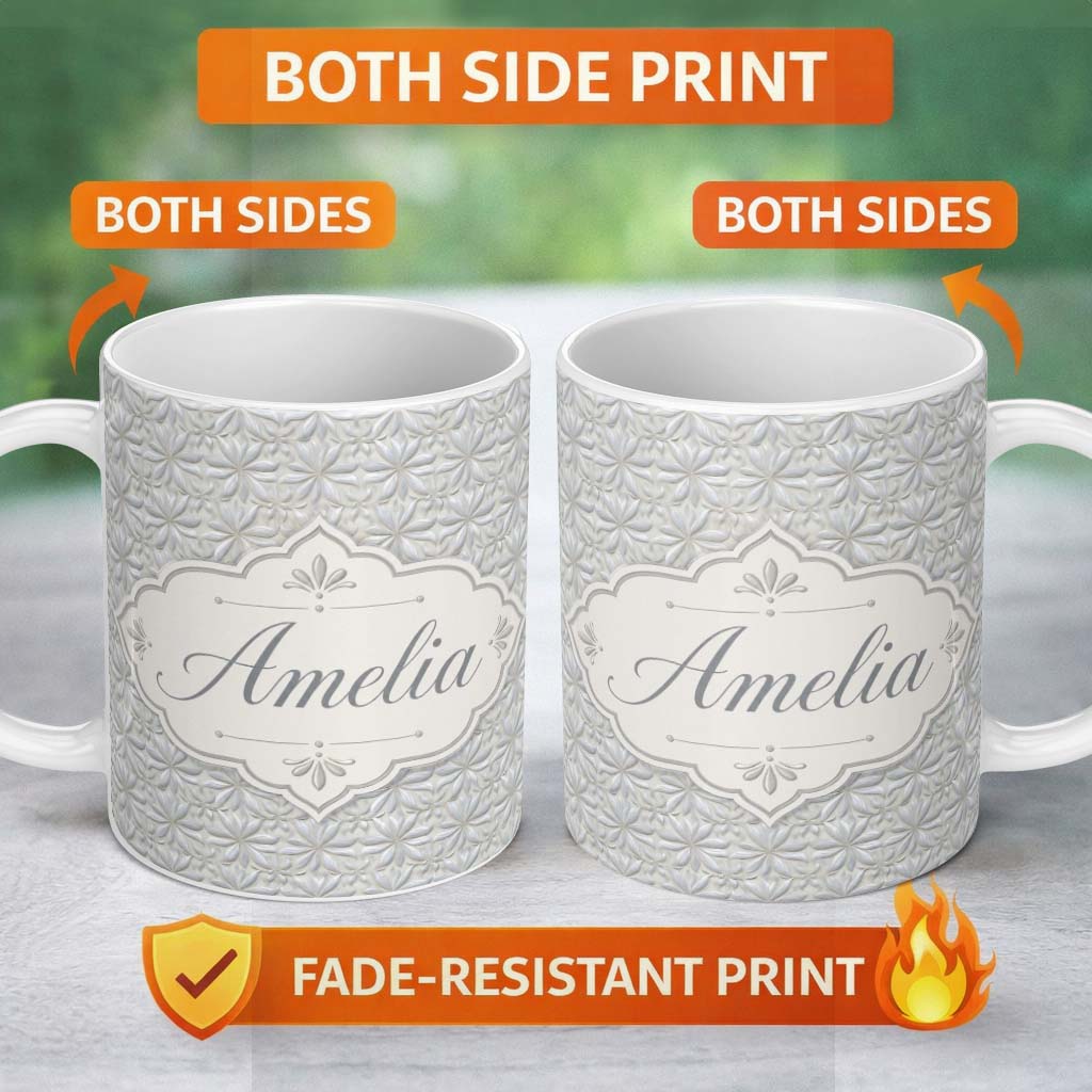 Personalized Custom Name Soft Neutral Floral Tile in Cream and Grey Embossed Style Design 11oz Ceramic Coffee Tea Mug White Large Handle