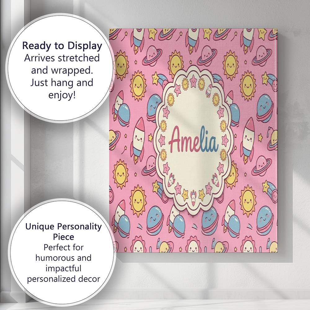 Personalised Name Cute Kawaii Space Rocket Custom Unique Gift Idea Elegant Feature Canvas Wall Art Print Decor Picture Ready to Hang