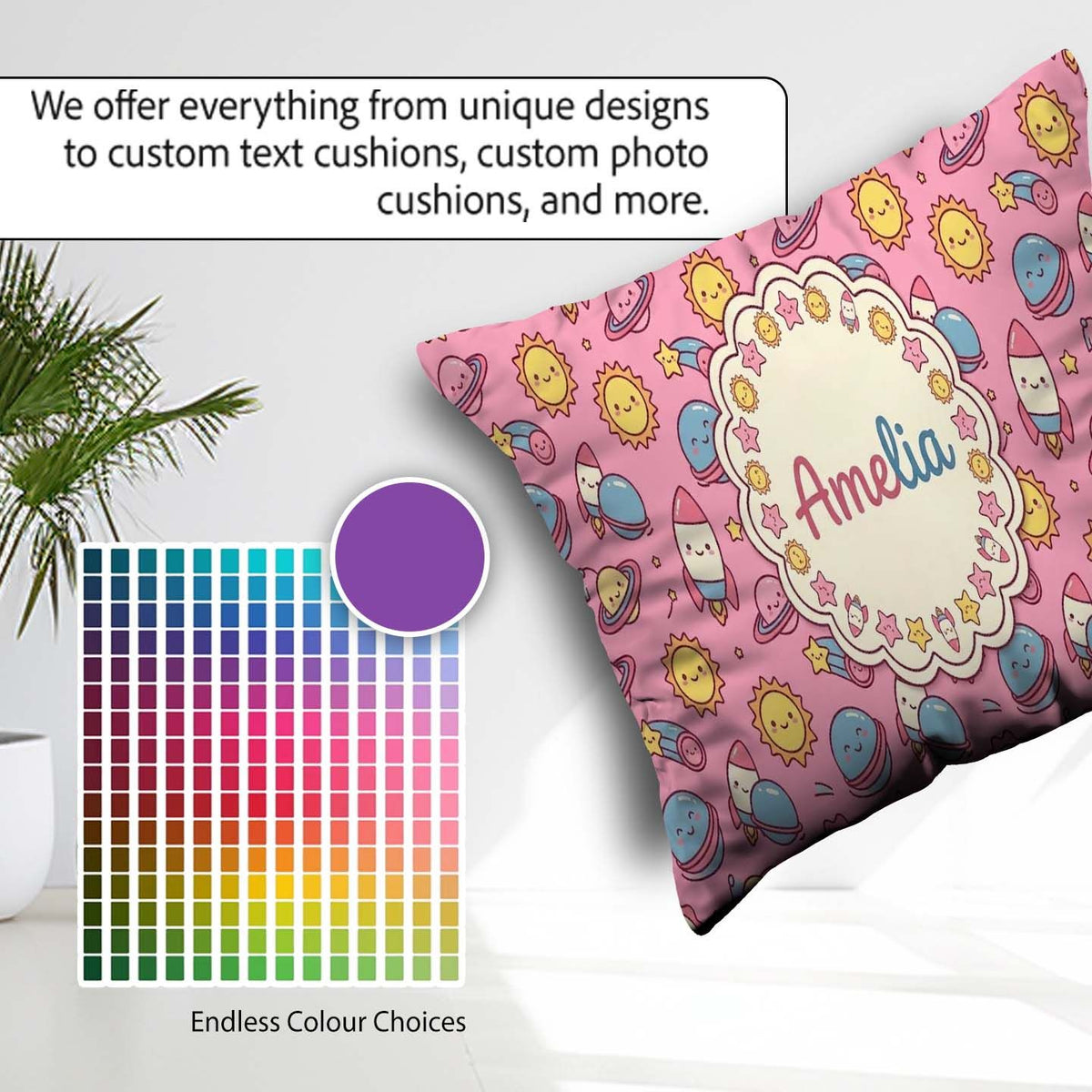 Custom Name Cute Kawaii Space Rocket Globe Sun Star Pattern Name Square Filled Cushion Throw Pillow Sofa Bed Home Decor Zip Washable UK Made