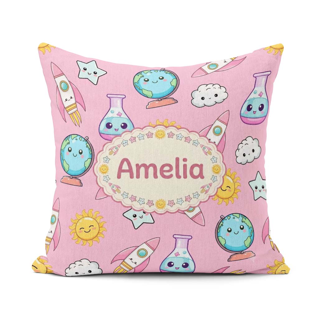 Custom Name Kawaii Space Rocket Globe Sun Star Pink Pattern Name Square Filled Cushion Throw Pillow Sofa Bed Home Decor Zip Washable UK Made