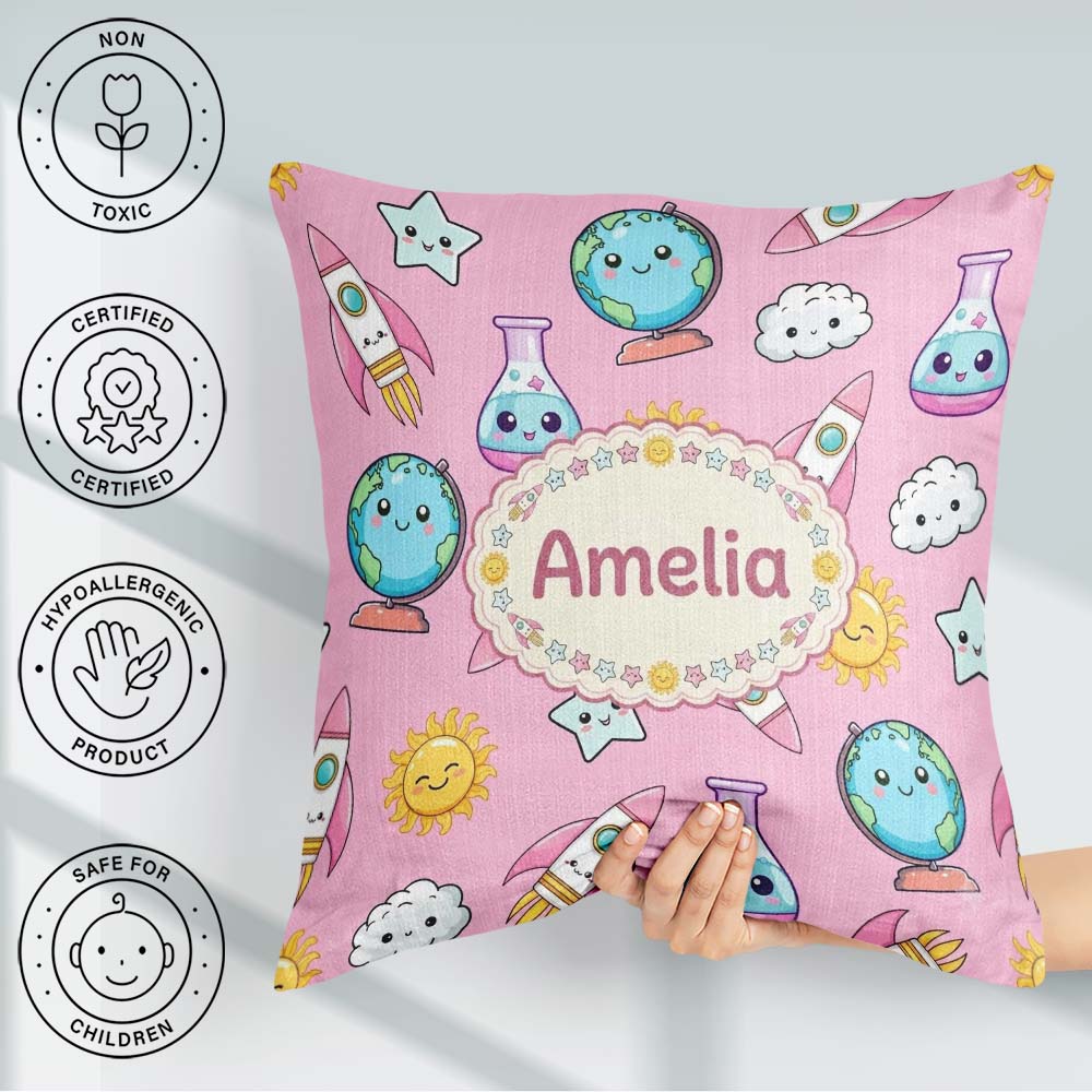 Custom Name Kawaii Space Rocket Globe Sun Star Pink Pattern Name Square Filled Cushion Throw Pillow Sofa Bed Home Decor Zip Washable UK Made