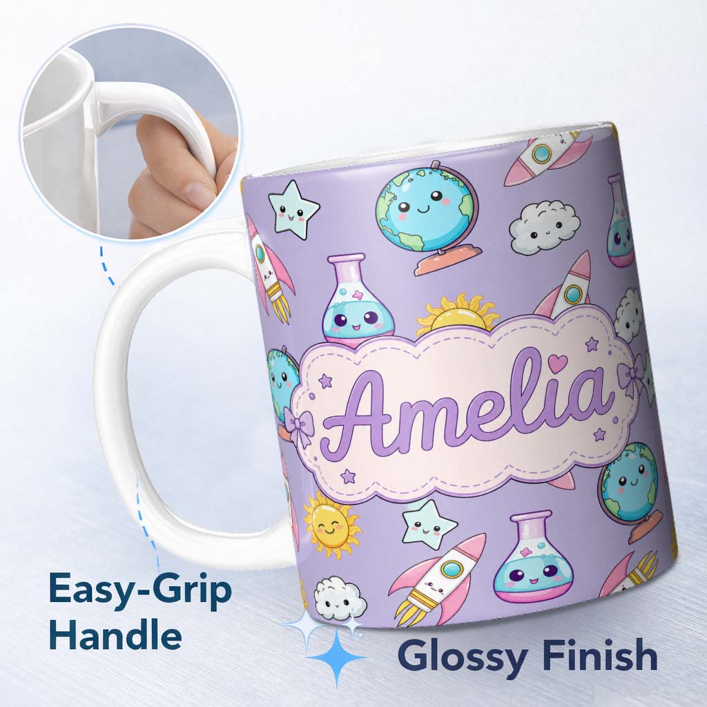 Personalized Custom Name Cute Kawaii Space Rocket Globe Sun Star Lilac Seamless Pattern 11oz Ceramic Coffee Tea Mug White Large Handle