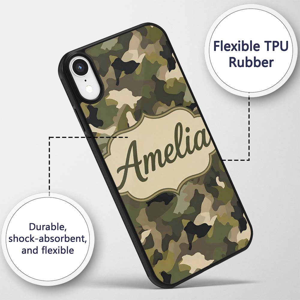 Classic Green Army Camouflage Seamless Pattern Custom Name Protective Phone Case Mobile Cover Durable Everyday Smartphone Shock Resistant