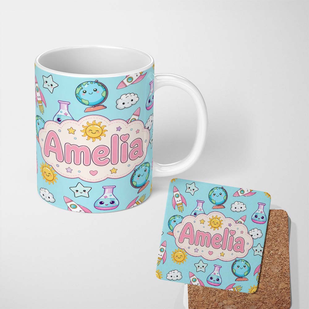 Personalized Custom Name Cute Kawaii Space Rocket Globe Sun Star Blue Seamless Pattern Name 11oz Ceramic Coffee Tea Mug White Large Handle