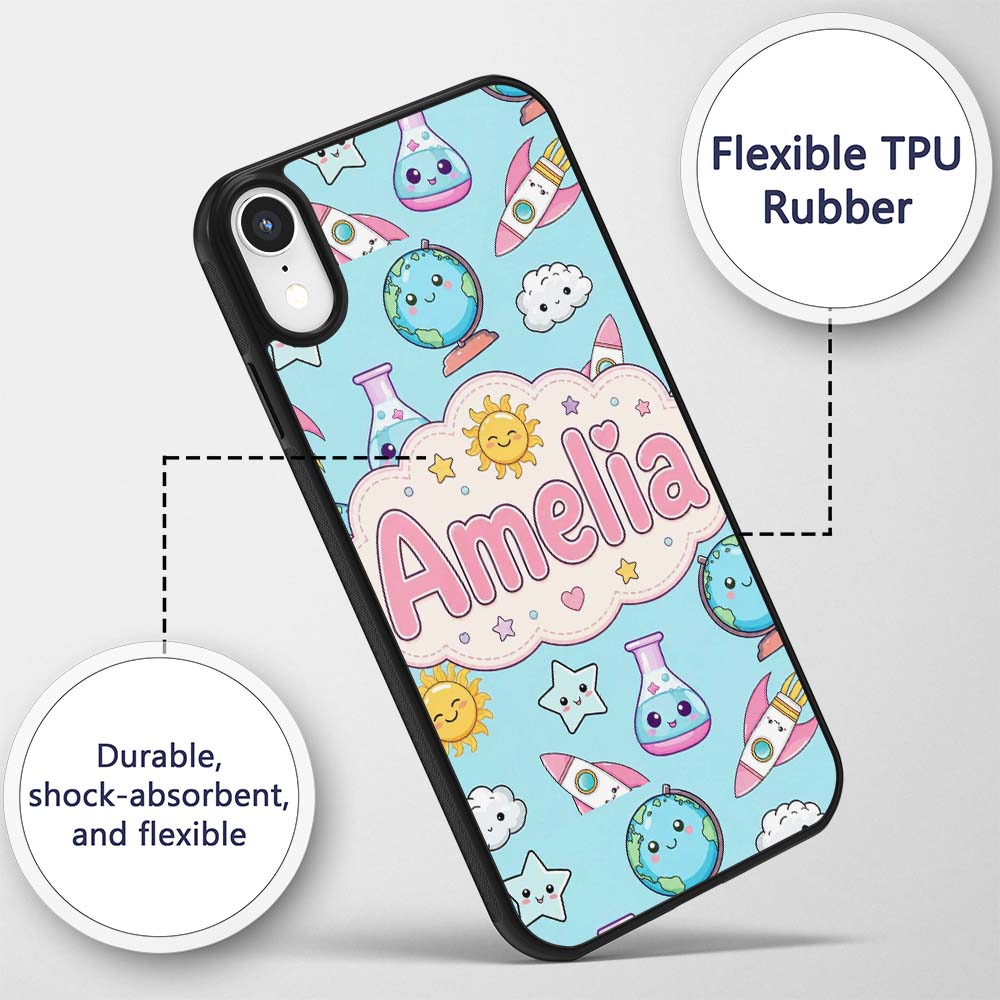 Cute Kawaii Space Rocket Globe Sun Star Blue Custom Name Protective Phone Case Mobile Cover Durable Everyday Smartphone Shock Resistant