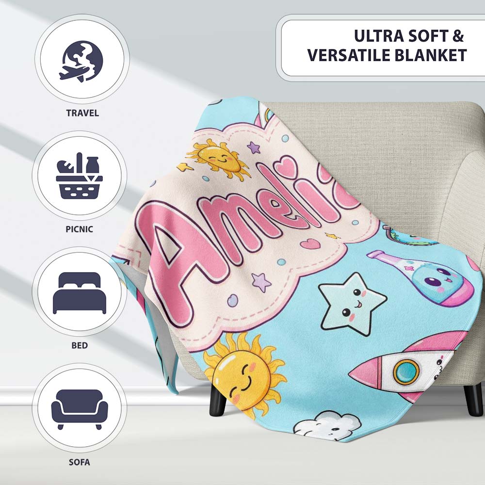 Cute Kawaii Space Rocket Globe Sun Star Blue Seamless Pattern Name Personalised Custom Name Super Soft Fleece Blanket Bed Sofa Throw