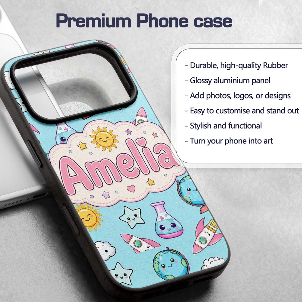Cute Kawaii Space Rocket Globe Sun Star Blue Custom Name Protective Phone Case Mobile Cover Durable Everyday Smartphone Shock Resistant