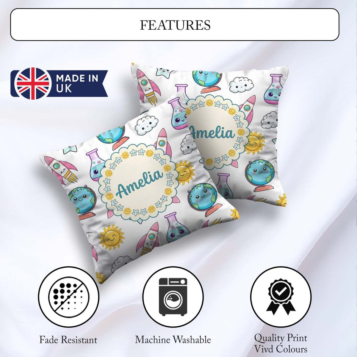 Custom Name Kawaii Space Rocket Globe Sun White Seamless Pattern Square Filled Cushion Throw Pillow Sofa Bed Home Decor Zip Washable UK Made
