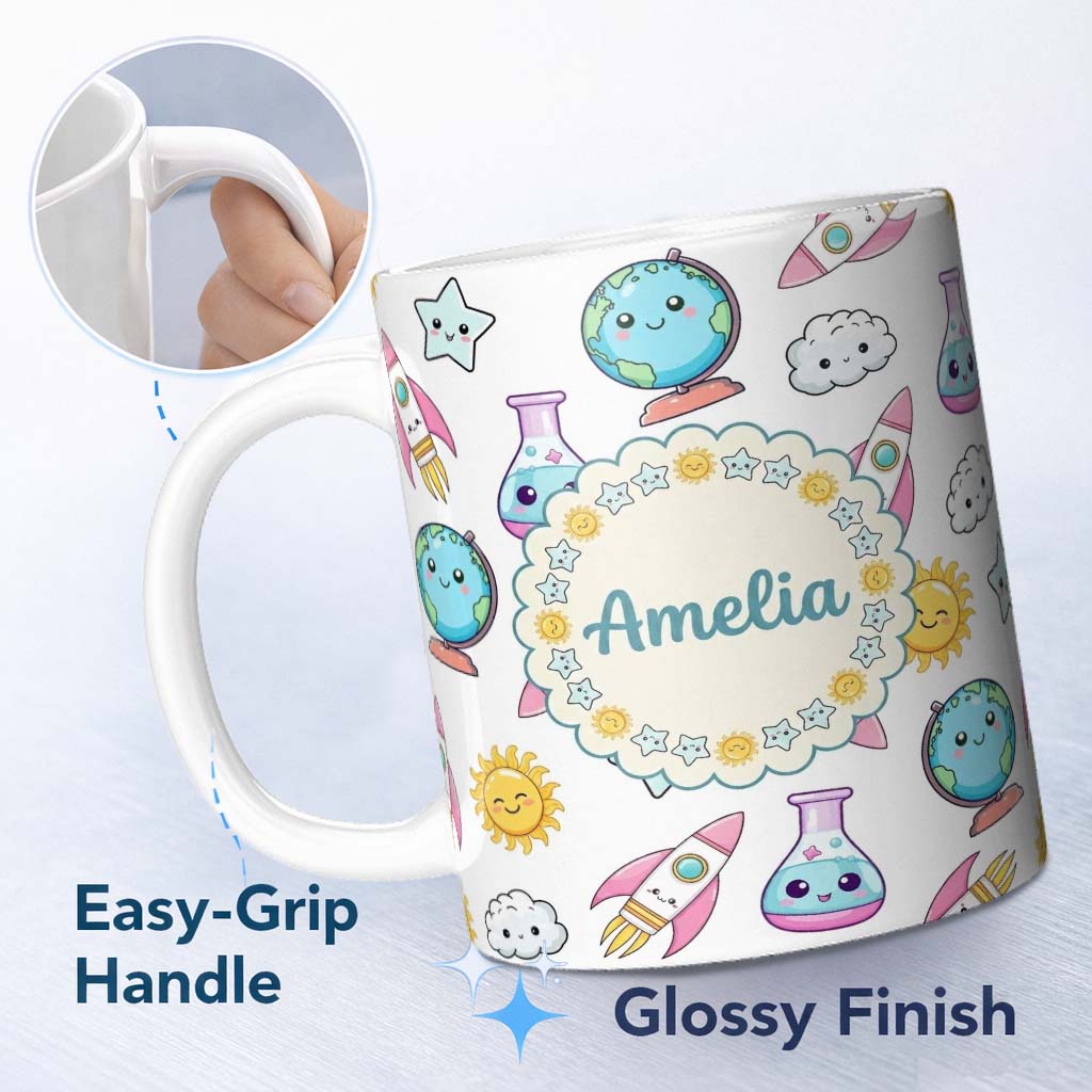 Personalized Custom Name Cute Kawaii Space Rocket Globe Sun Star White Seamless Pattern 11oz Ceramic Coffee Tea Mug White Large Handle
