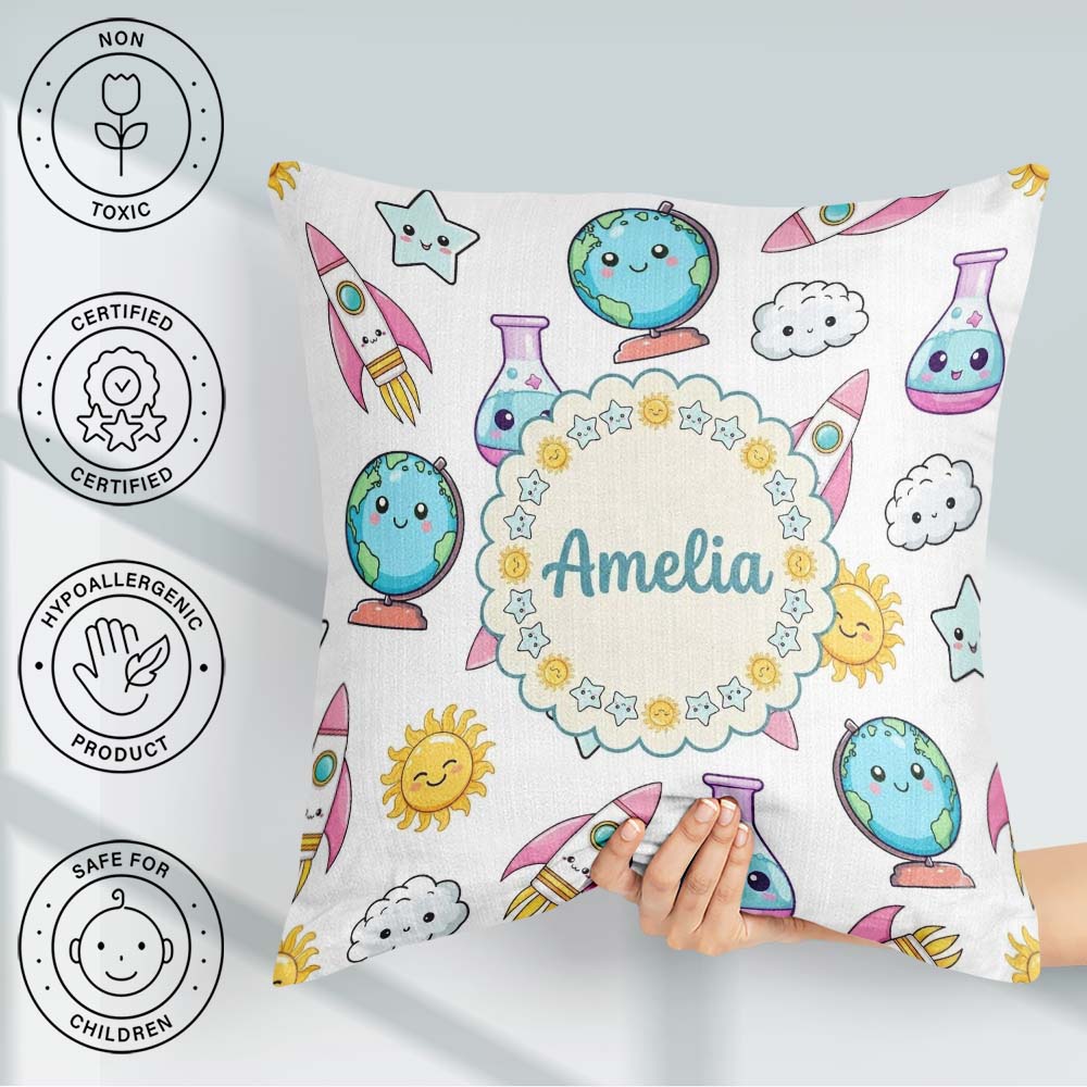 Custom Name Kawaii Space Rocket Globe Sun White Seamless Pattern Square Filled Cushion Throw Pillow Sofa Bed Home Decor Zip Washable UK Made