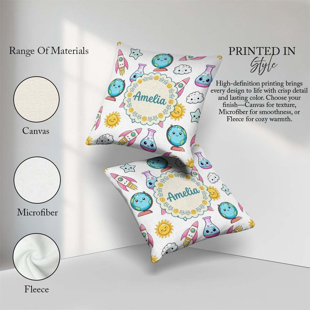Custom Name Kawaii Space Rocket Globe Sun White Seamless Pattern Square Filled Cushion Throw Pillow Sofa Bed Home Decor Zip Washable UK Made