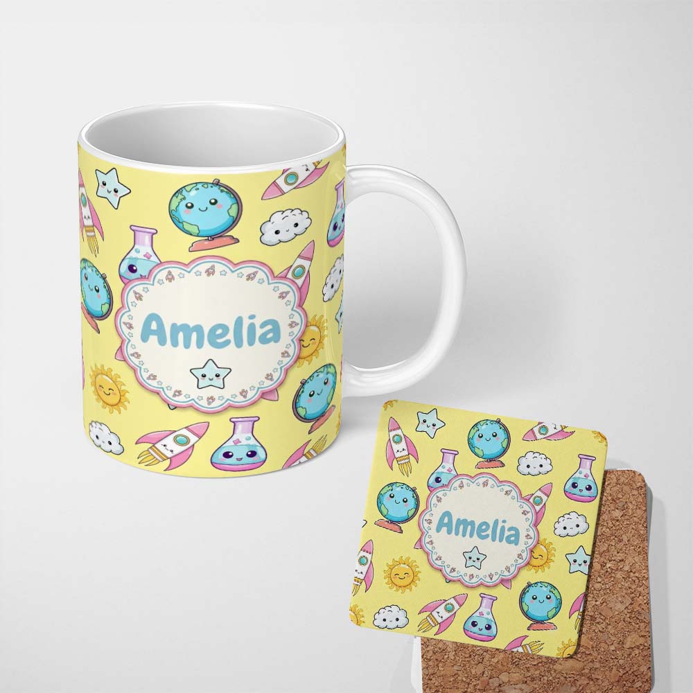 Personalized Custom Name Cute Kawaii Space Rocket Globe Sun Star Yellow Seamless Pattern Name 11oz Ceramic Coffee Tea Mug White Large Handle