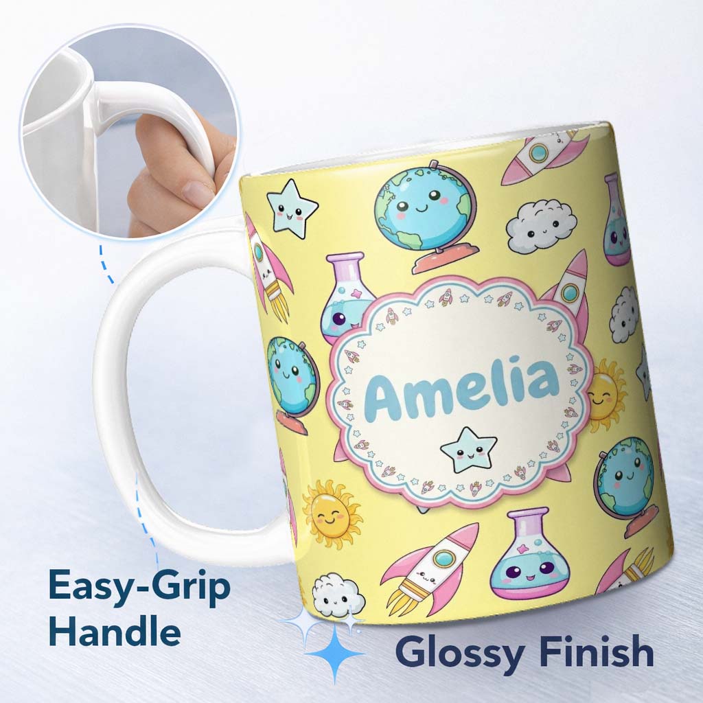 Personalized Custom Name Cute Kawaii Space Rocket Globe Sun Star Yellow Seamless Pattern Name 11oz Ceramic Coffee Tea Mug White Large Handle