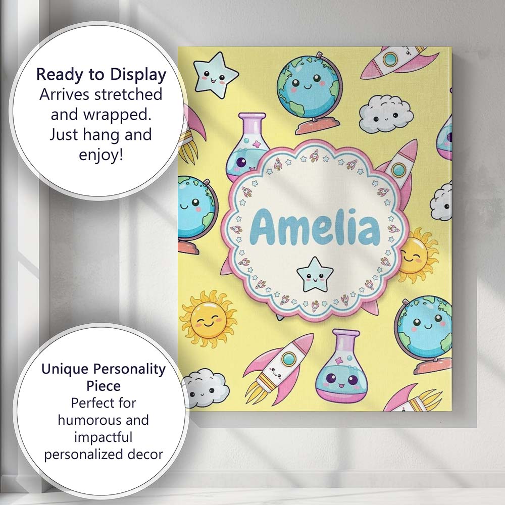 Personalised Name Cute Kawaii Space Rocket Custom Unique Gift Idea Elegant Feature Canvas Wall Art Print Decor Picture Ready to Hang