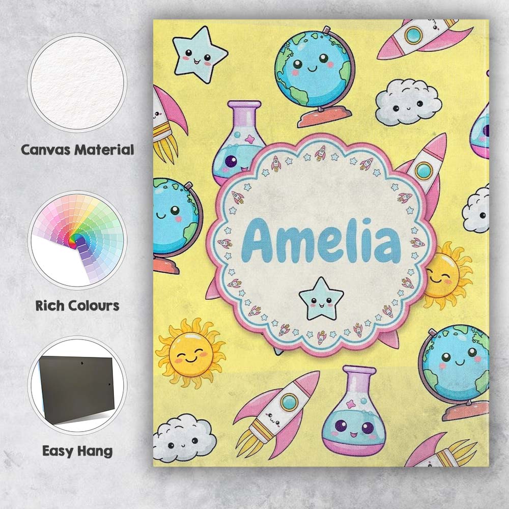 Personalised Name Cute Kawaii Space Rocket Custom Unique Gift Idea Elegant Feature Canvas Wall Art Print Decor Picture Ready to Hang
