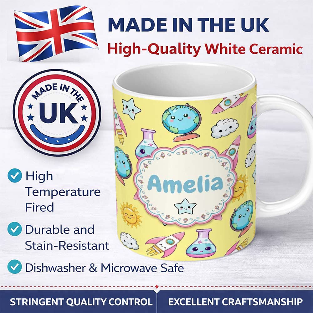 Personalized Custom Name Cute Kawaii Space Rocket Globe Sun Star Yellow Seamless Pattern Name 11oz Ceramic Coffee Tea Mug White Large Handle
