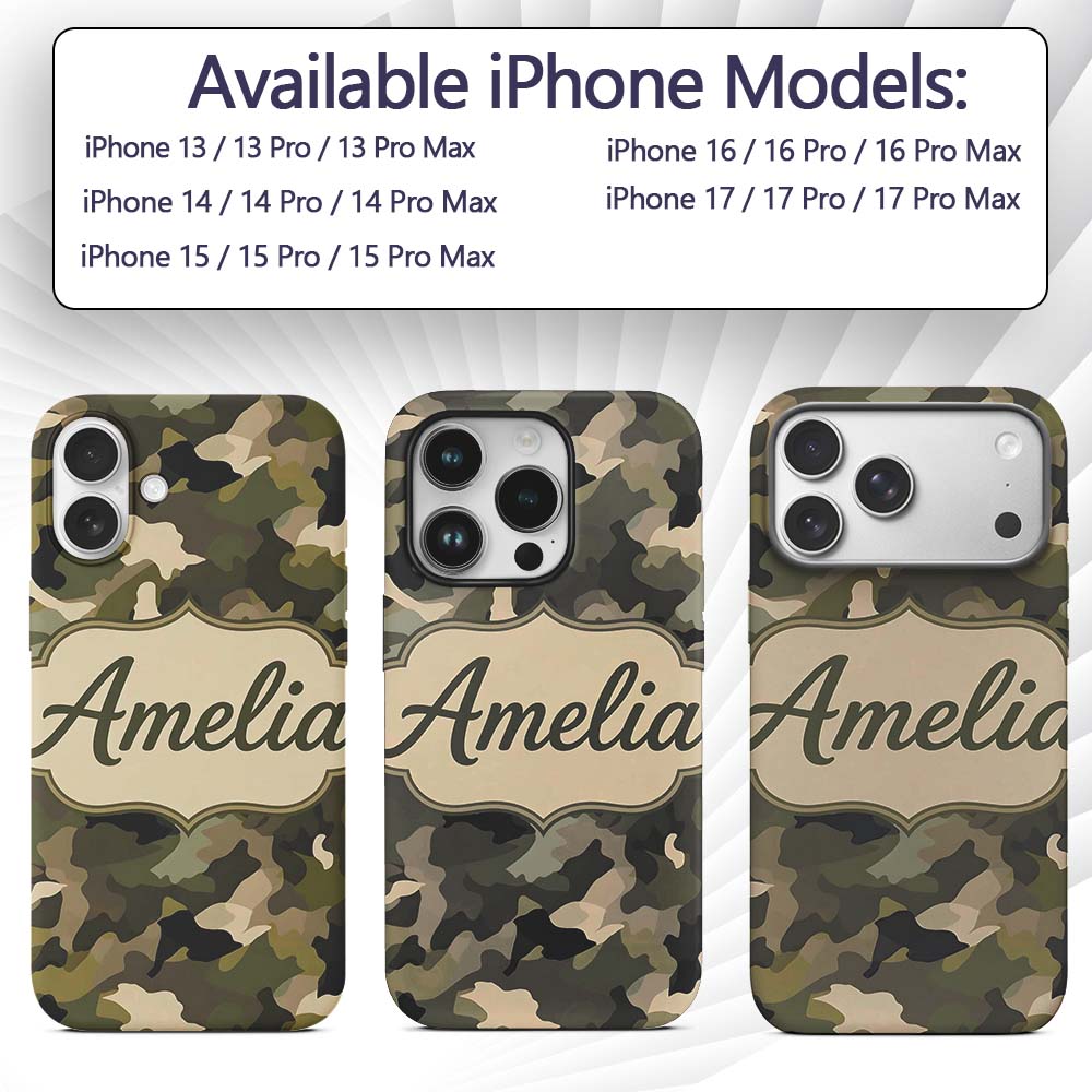 Classic Green Army Camouflage Seamless Pattern Custom Name Protective Phone Case Mobile Cover Durable Everyday Smartphone Shock Resistant