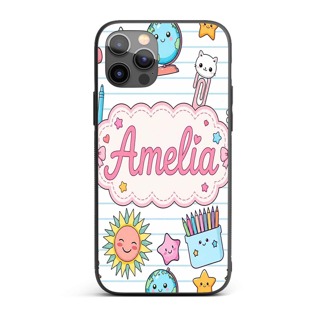 Cute Kawaii School Cat Books Crayons Stationery Custom Name Protective Phone Case Mobile Cover Durable Everyday Smartphone Shock Resistant