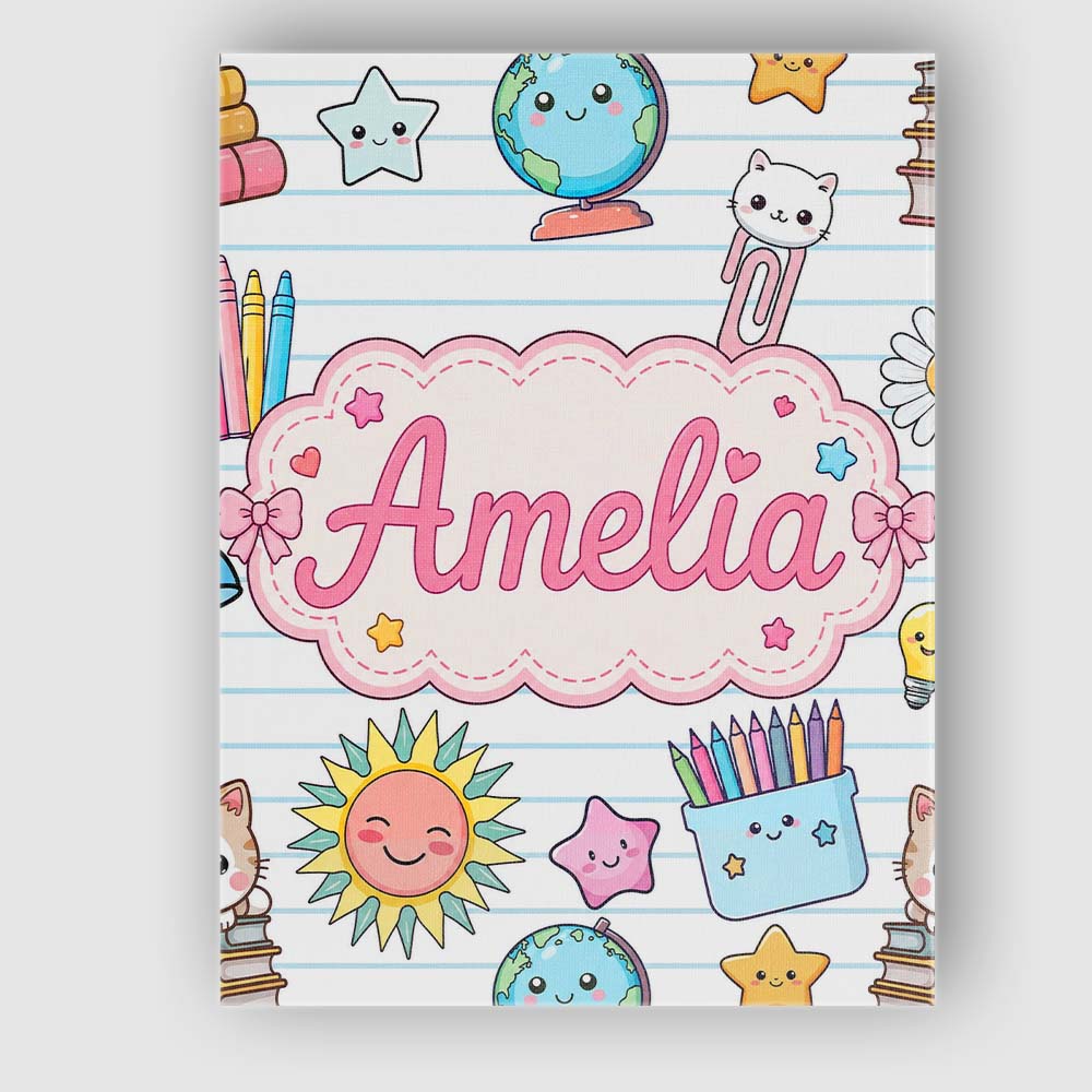 Personalised Name Cute Kawaii School Cat Custom Unique Gift Idea Elegant Feature Canvas Wall Art Print Decor Picture Ready to Hang
