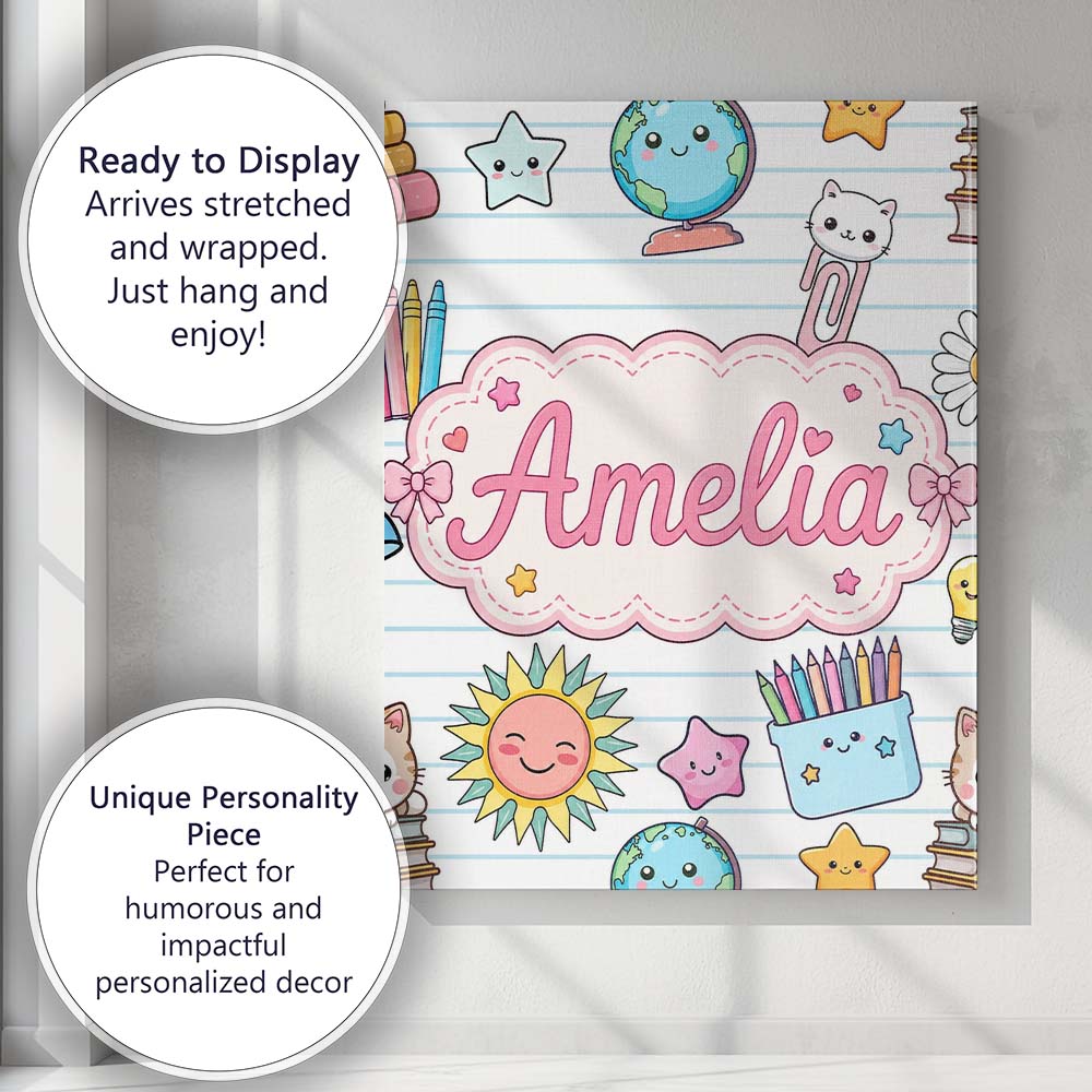 Personalised Name Cute Kawaii School Cat Custom Unique Gift Idea Elegant Feature Canvas Wall Art Print Decor Picture Ready to Hang