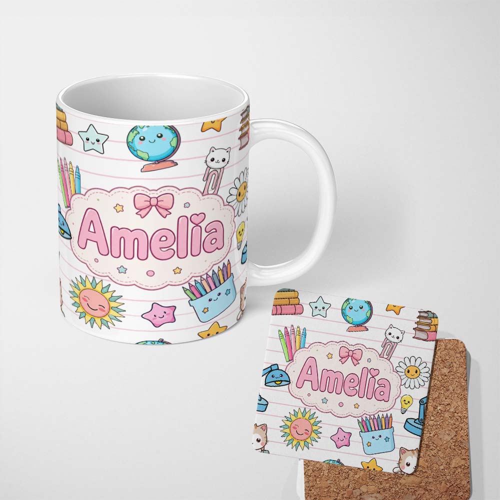 Personalized Custom Name Cute Kawaii School Cat Books Crayons Pink Lines Seamless Pattern 11oz Ceramic Coffee Tea Mug White Large Handle