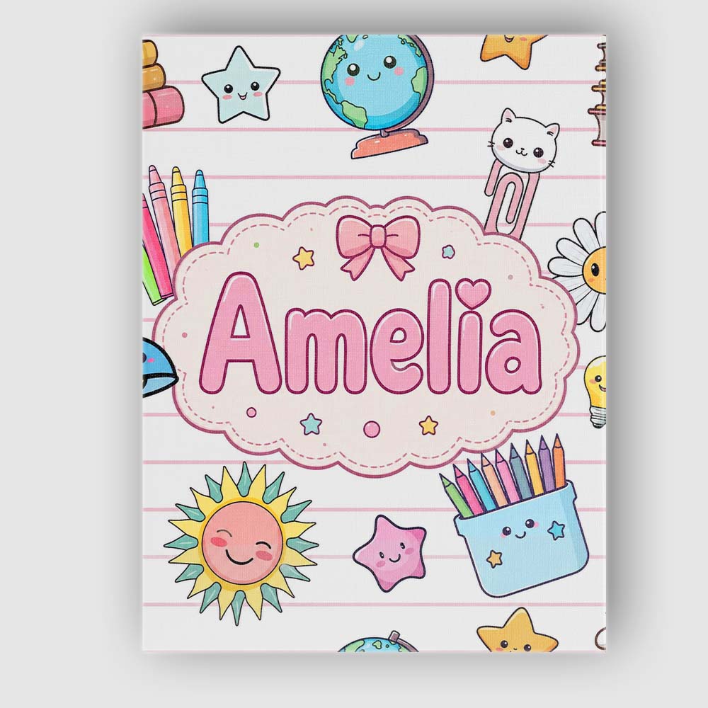 Personalised Name Cute Kawaii School Cat Custom Unique Gift Idea Elegant Feature Canvas Wall Art Print Decor Picture Ready to Hang