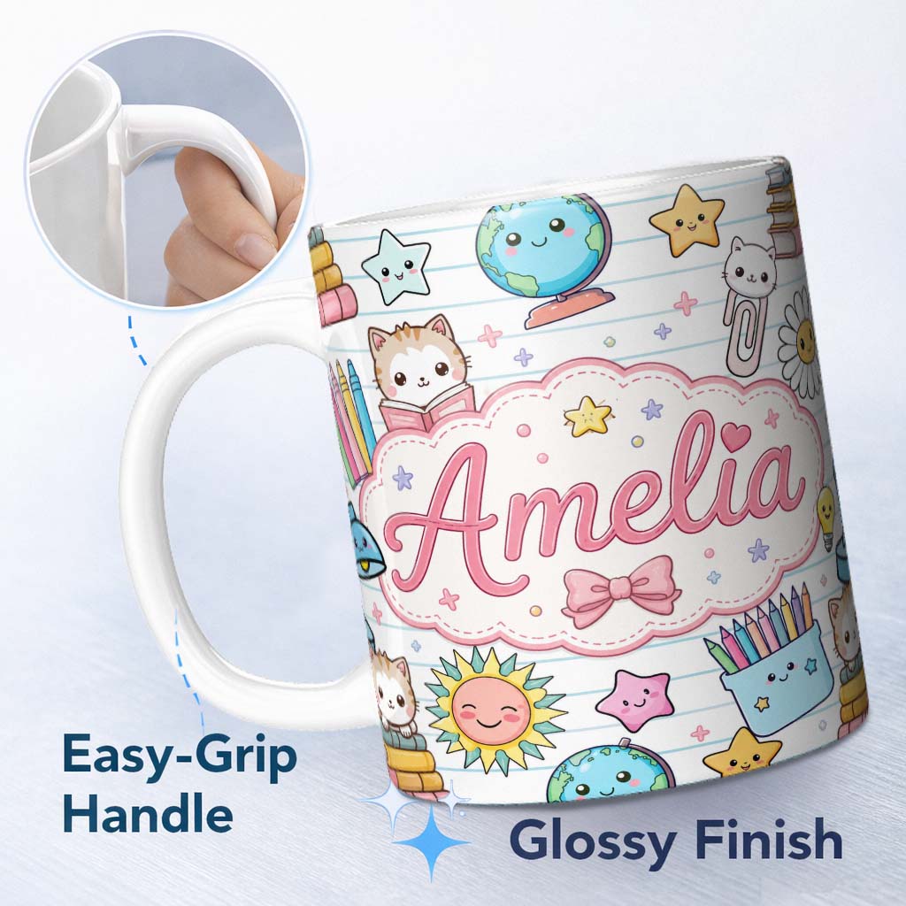 Personalized Custom Name Cute Kawaii School Cat Books Stationery Seamless Pattern Blue Lines 11oz Ceramic Coffee Tea Mug White Large Handle