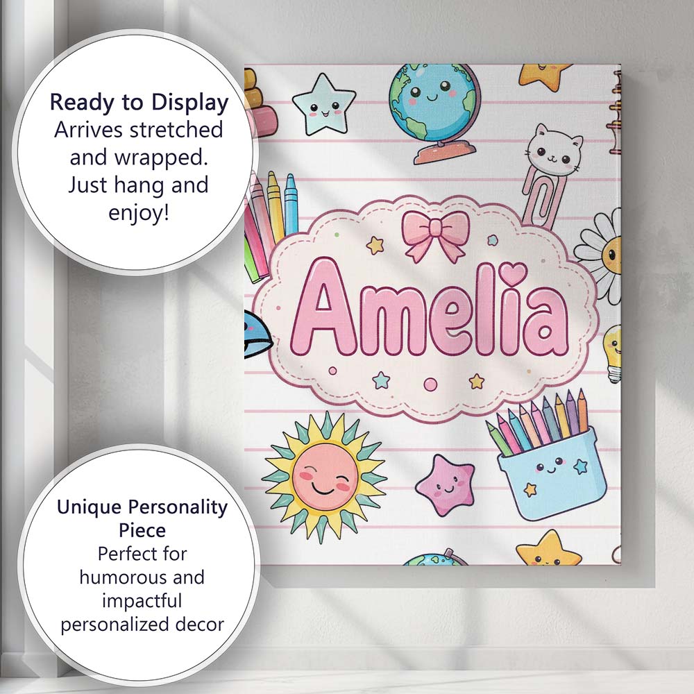 Personalised Name Cute Kawaii School Cat Custom Unique Gift Idea Elegant Feature Canvas Wall Art Print Decor Picture Ready to Hang