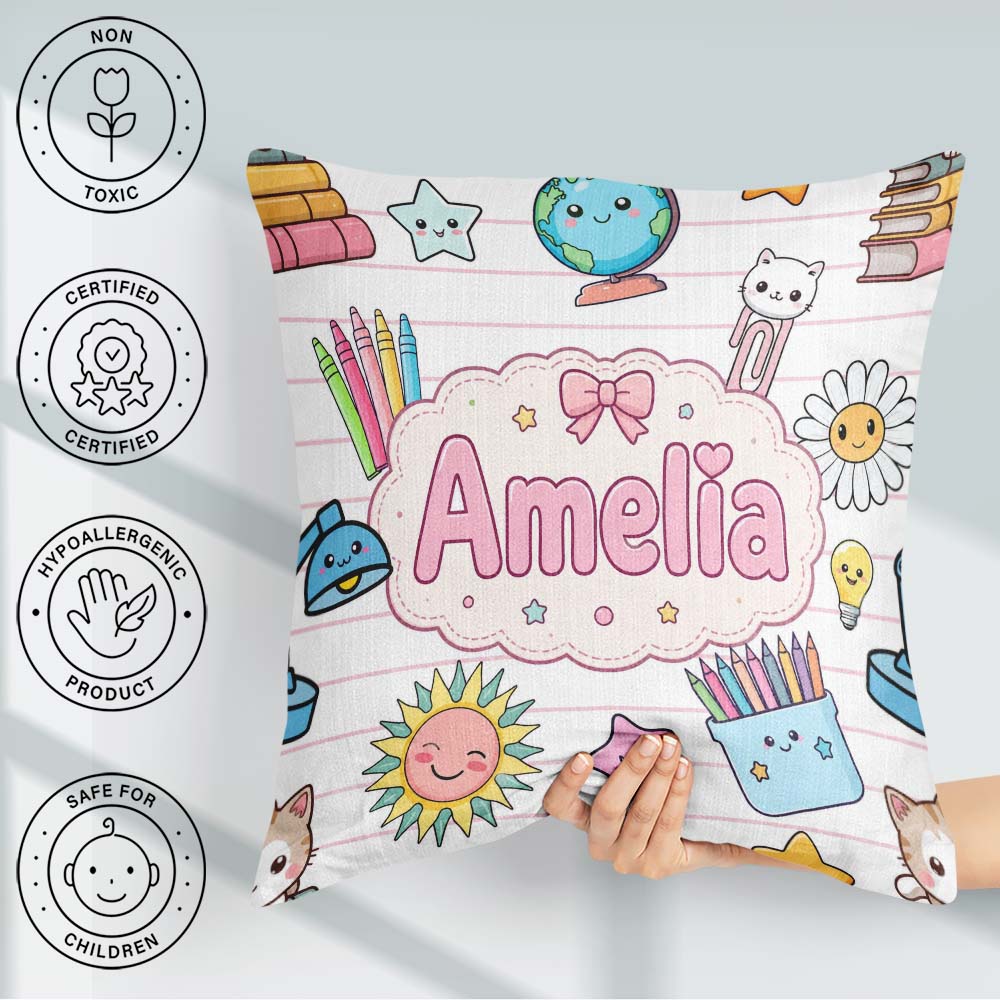 Custom Name Kawaii Cat Books Crayons Pink Lines Seamless Pattern Square Filled Cushion Throw Pillow Sofa Bed Home Decor Zip Washable UK Made