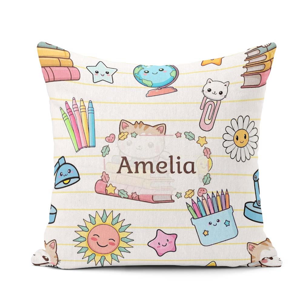 Custom Name Kawaii School Cat Books Crayons Yellow Lines Pattern Square Filled Cushion Throw Pillow Sofa Bed Home Decor Zip Washable UK Made