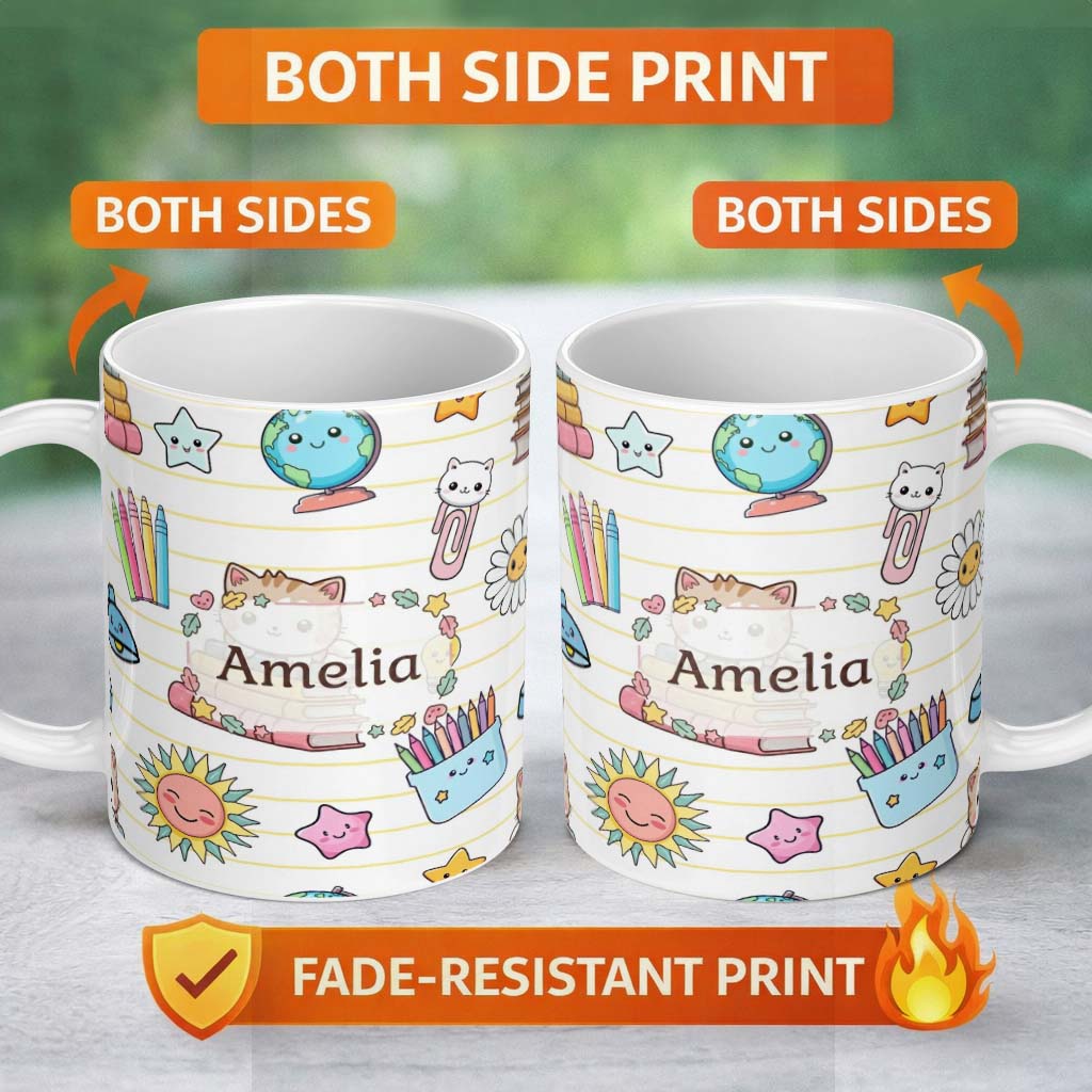 Personalized Custom Name Cute Kawaii School Cat Books Crayons Yellow Lines Seamless Pattern 11oz Ceramic Coffee Tea Mug White Large Handle