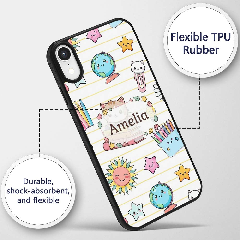 Cute Kawaii School Cat Books Crayons Yellow Lines Custom Name Protective Phone Case Mobile Cover Durable Everyday Smartphone Shock Resistant