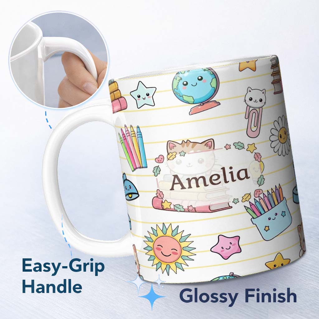 Personalized Custom Name Cute Kawaii School Cat Books Crayons Yellow Lines Seamless Pattern 11oz Ceramic Coffee Tea Mug White Large Handle