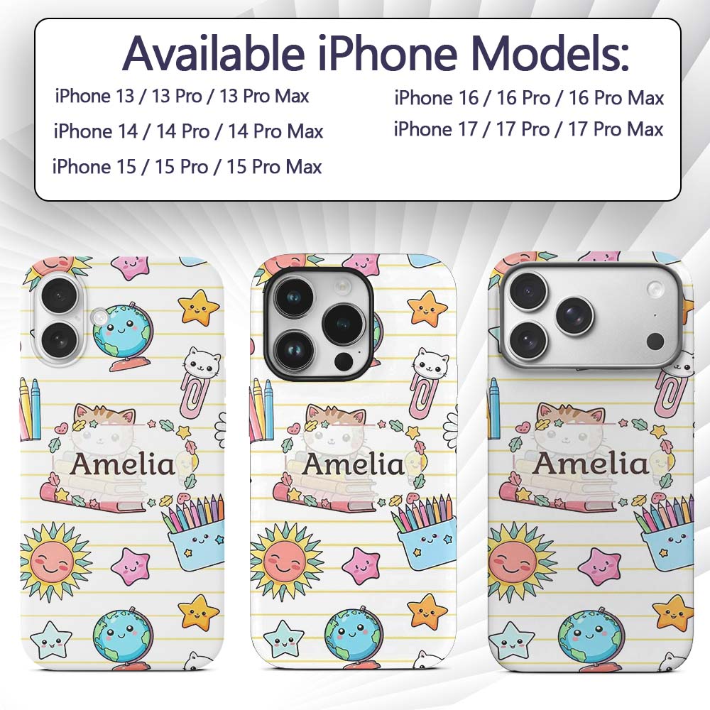 Cute Kawaii School Cat Books Crayons Yellow Lines Custom Name Protective Phone Case Mobile Cover Durable Everyday Smartphone Shock Resistant